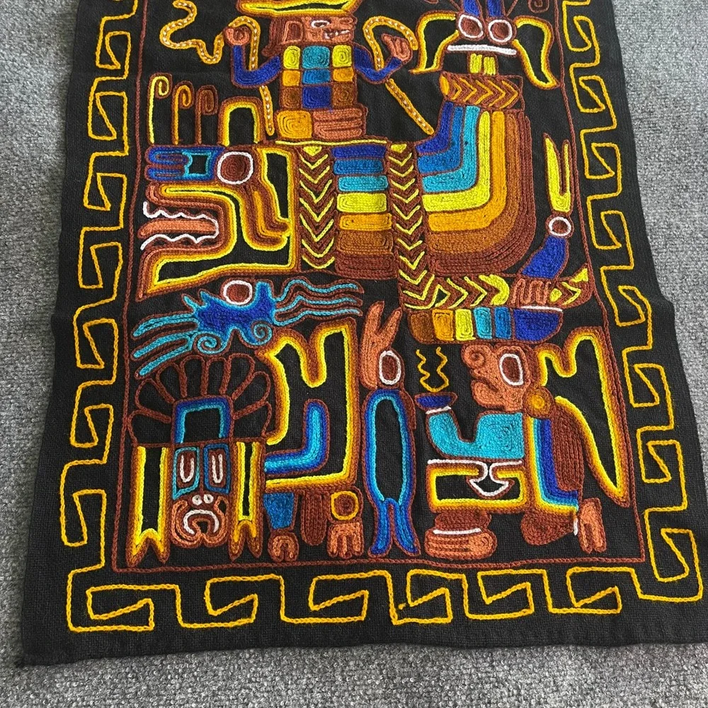 Vintage Peruvian Hand Embroidered Textile Wall Hanging Andean Folk Art Black